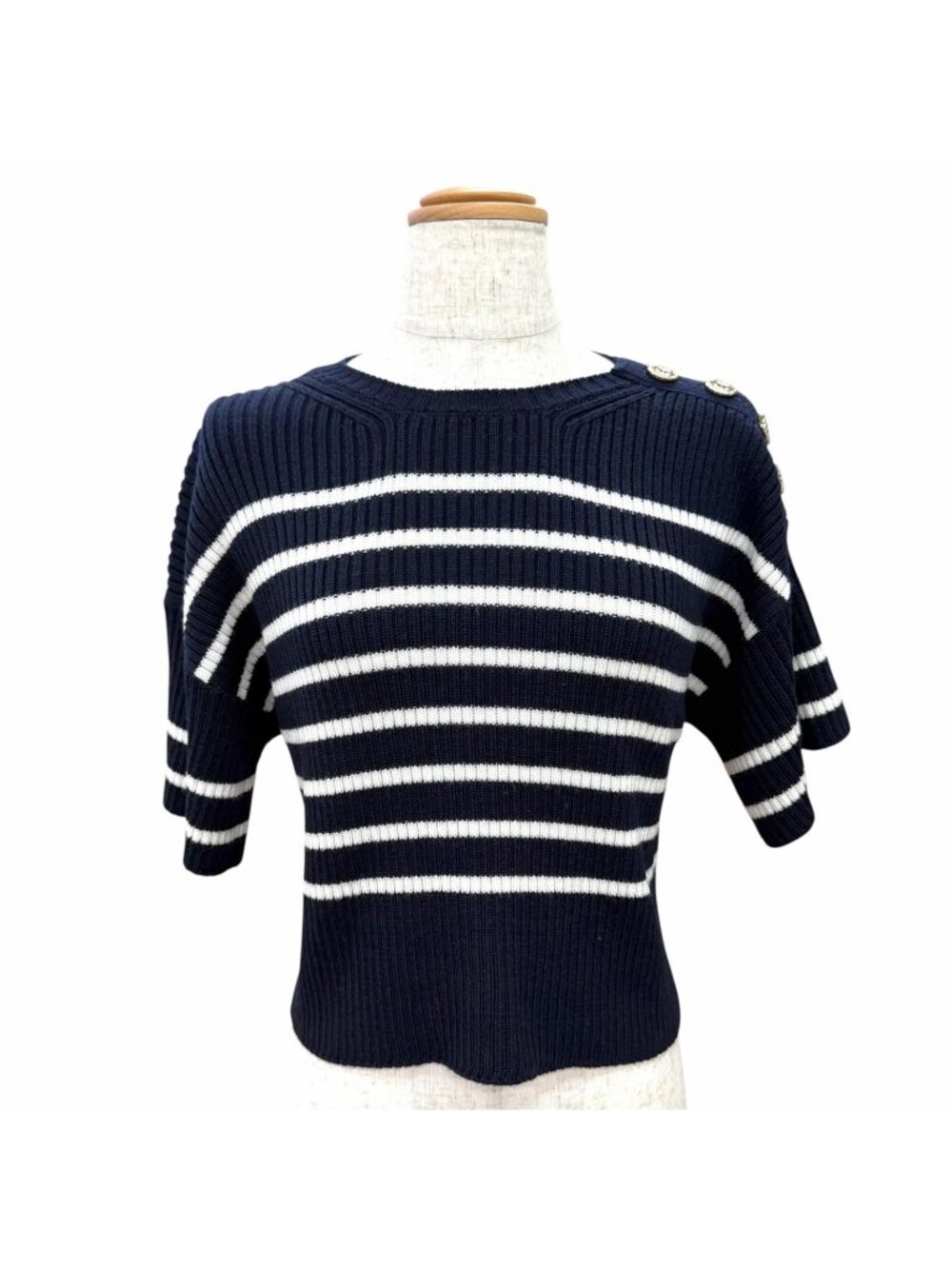 Dior Wool Logo Button Border Back Open Ribbon Short Sleeve Knit Sweater 38